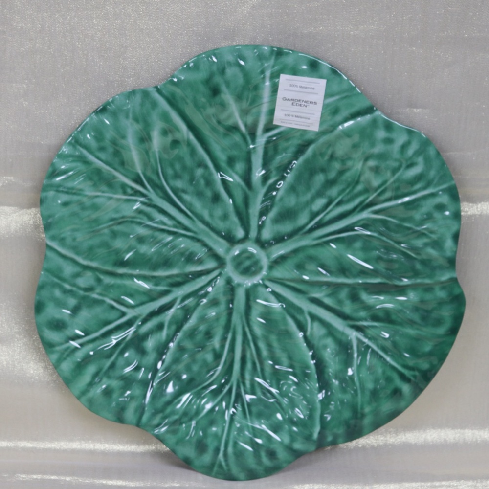 GARDENERS EDEN EMBOSSED SHAPED CABBAGE LEAF RD MELAMINE PLATTER TRAY 19" - GREEN